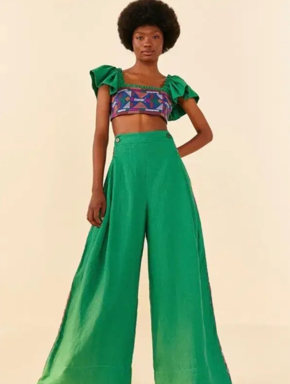 Farm Rio Green Embroidered Linen Pant